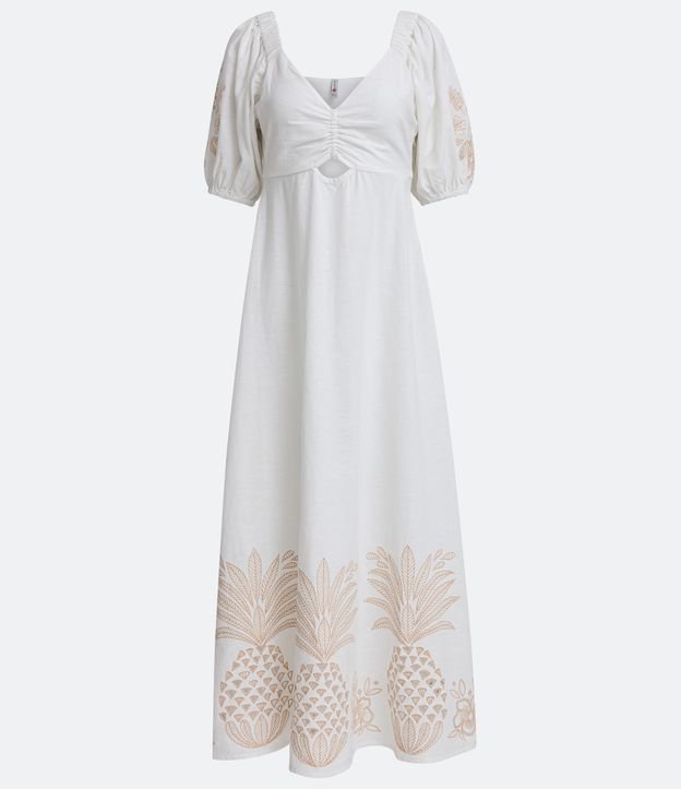 Vestido New Midi en Lino con Manga Abullonada y Bordados Piñas Blanco 7