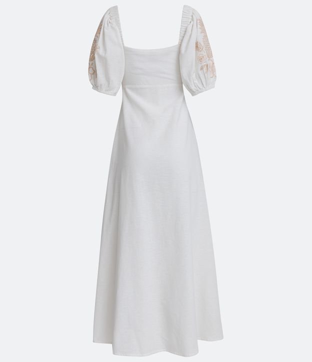 Vestido New Midi en Lino con Manga Abullonada y Bordados Piñas Blanco 8