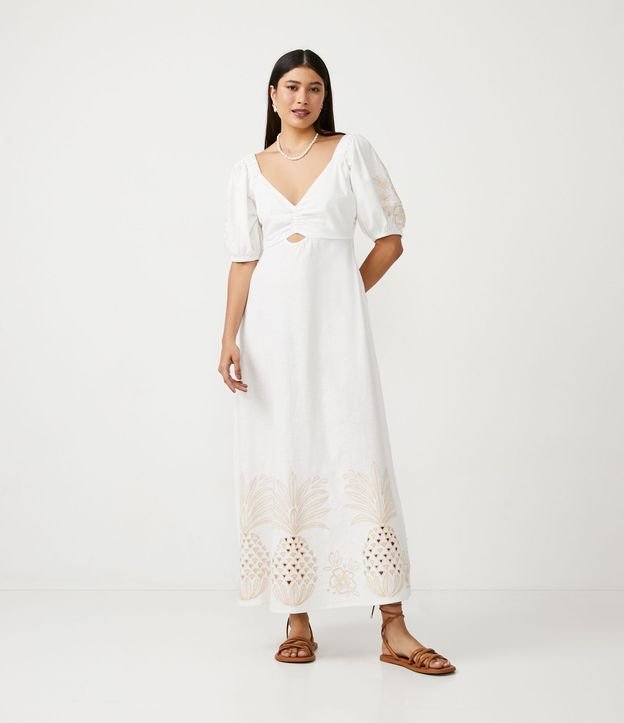 Vestido New Midi en Lino con Manga Abullonada y Bordados Piñas Blanco 2