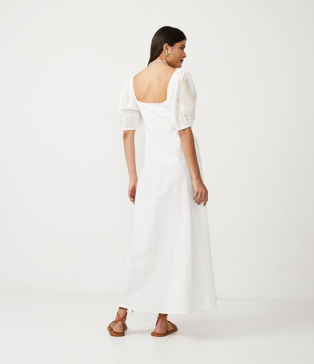 Vestido New Midi en Lino con Manga Abullonada y Bordados Piñas Blanco 3