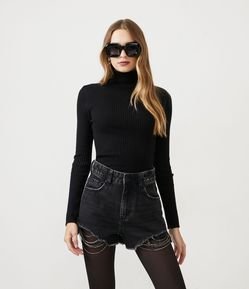 Blusa Básica em Tricô Canelado com Gola Alta