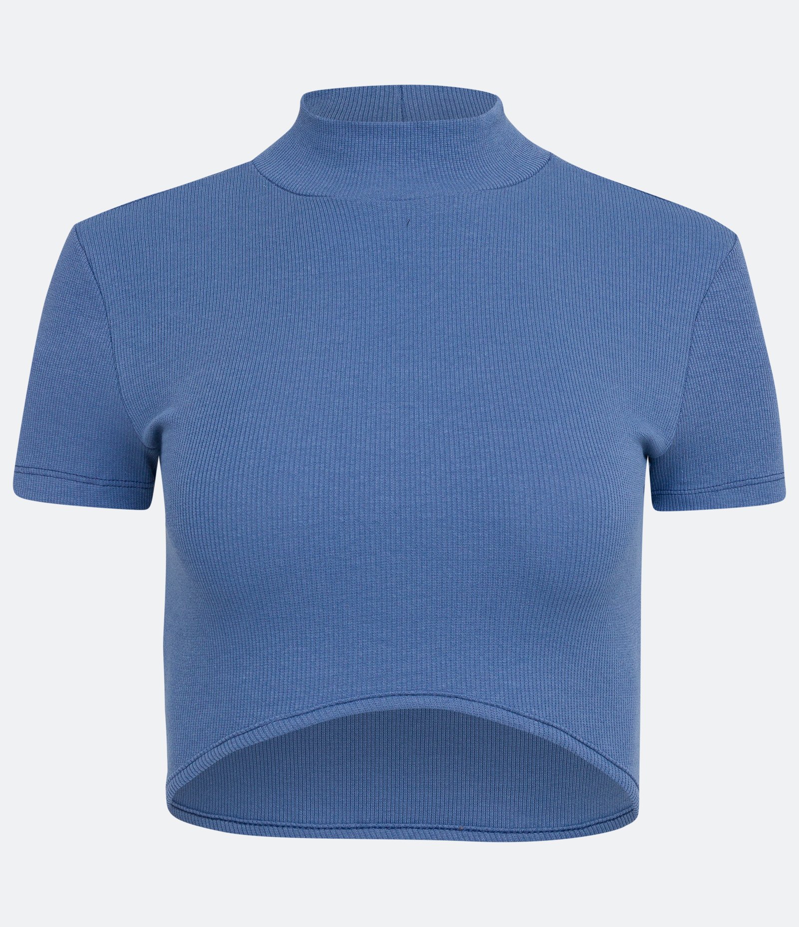 Blusa Cropped em Ribana com Manga Curta e Barra Curva Azul 5