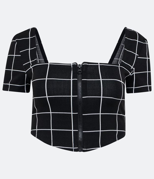 Blusa Cropped en Jacquard de Cuadros con Manga Corta Negro 5