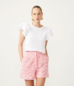 Blusa em Algodão com Detalhe em Laise na Manga e Babados