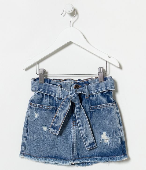Pollera Infantil en Jeans con Cinturón y Barra Deshecha - Talle 05 a 14 años Azul 1
