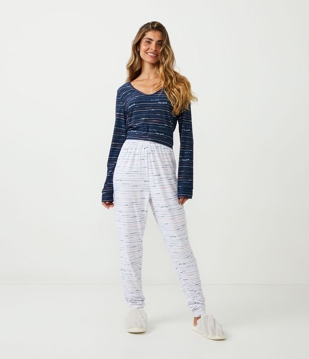 Pijama Longo em Meia Malha com Estampa Listras e Escritos Azul/ Branco 1