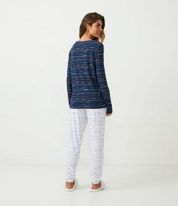 Pijama Longo em Meia Malha com Estampa Listras e Escritos Azul/ Branco 2