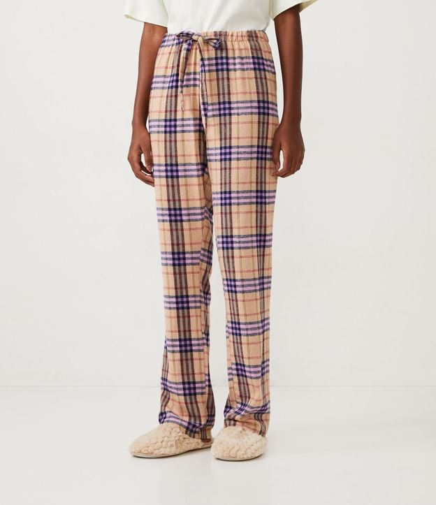 Pantalón de Pijama en Franela con Estampado de Cuadros Beige 2