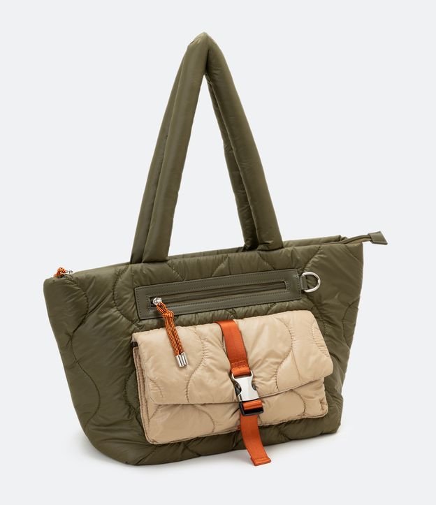 Bolso Shopper con Pequeño Bolsillo Frontal y Efecto Puffer Verde 1