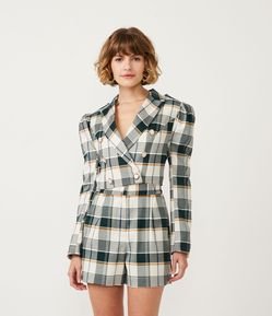 Blazer Cropped con Manga Abullonada y Estampado de Cuadros