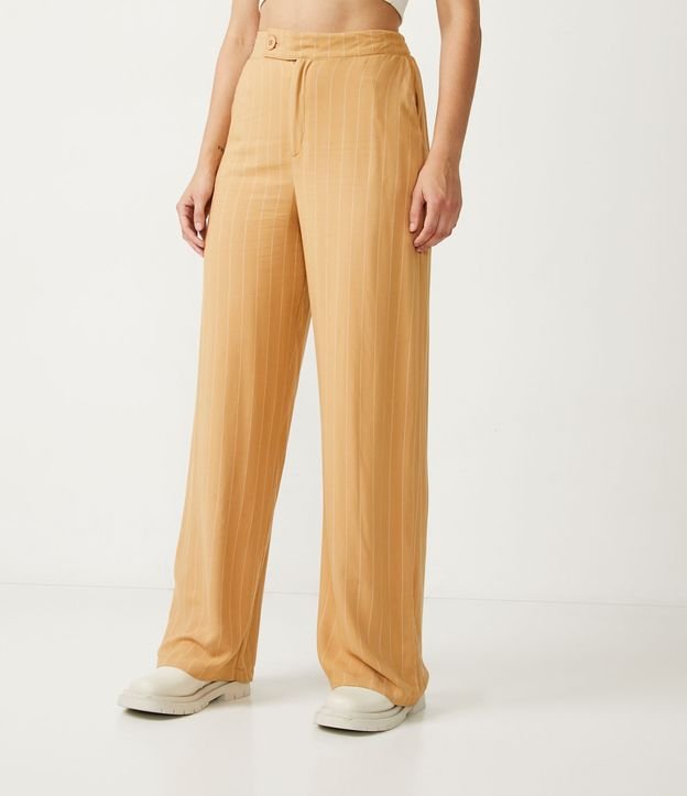 Pantalón Recto Cintura Alta en Viscosa con Rayas Marrón 3
