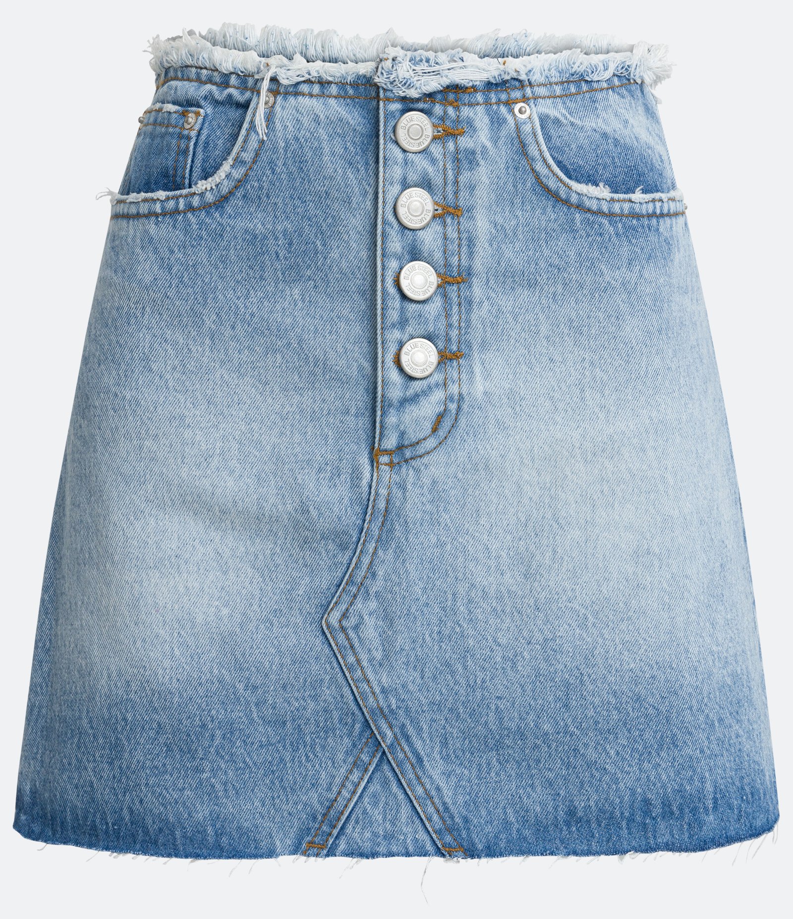 Saia Curta em Jeans com Cós Desfeito e Barra a Fio Azul 5