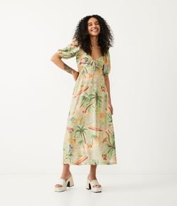 Vestido New Midi em Laise com Manga Bufante e Estampa Tropical
