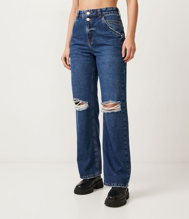 Calça Anos 90 Cintura Alta em Jeans com Rasgos nos Joelhos Azul 2