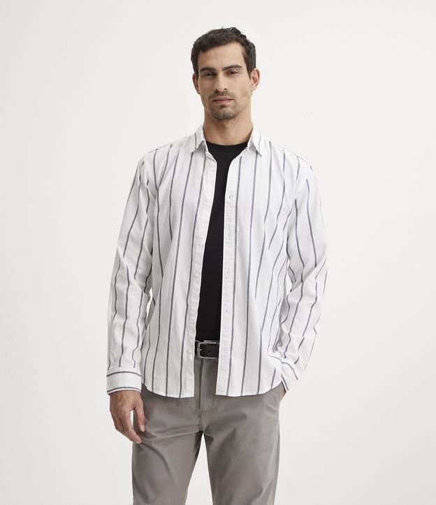 Camisa Comfort em Algodão com Listras e Manga Longa Branco 1
