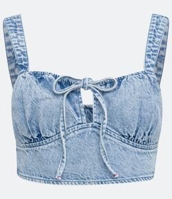 Blusa Regata Cropped em Jeans com Franzidos e Amarração no Decote