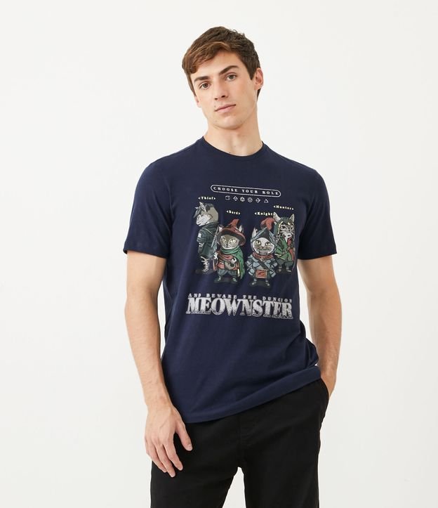 Camiseta em Meia Malha com estampa Meownster - Cor: Azul - Tamanho: M
