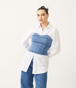 Blusa Cropped Tomara Que Caia em Jeans com Decote Coração
