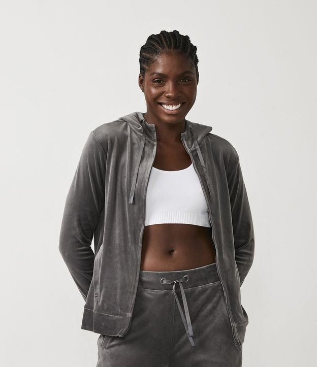 Campera Básica en Plush con Bolsillo Incorporado Gris 6