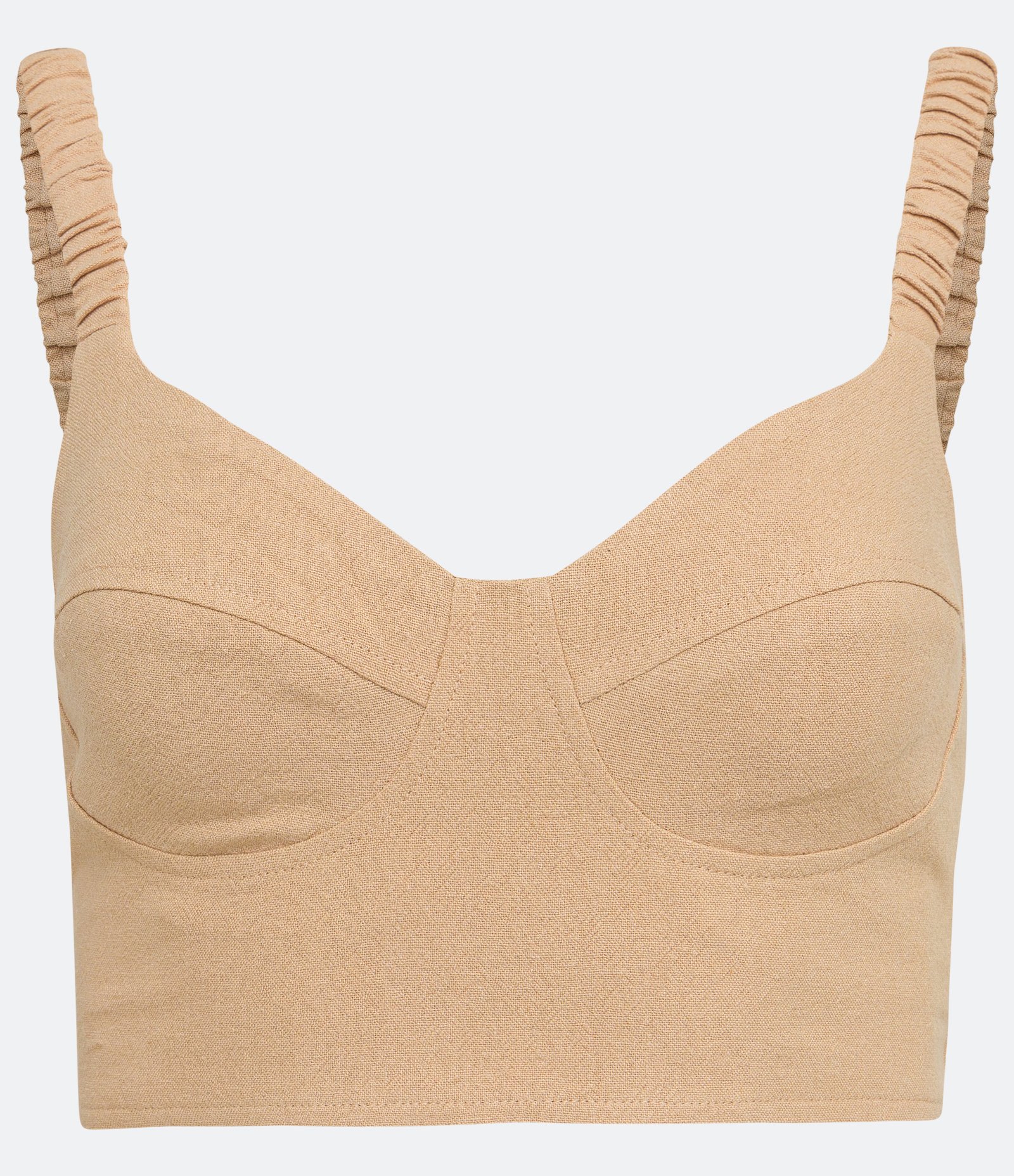 Blusa Cropped em Linho com Decote Coração e Detalhe Franzido Bege 5