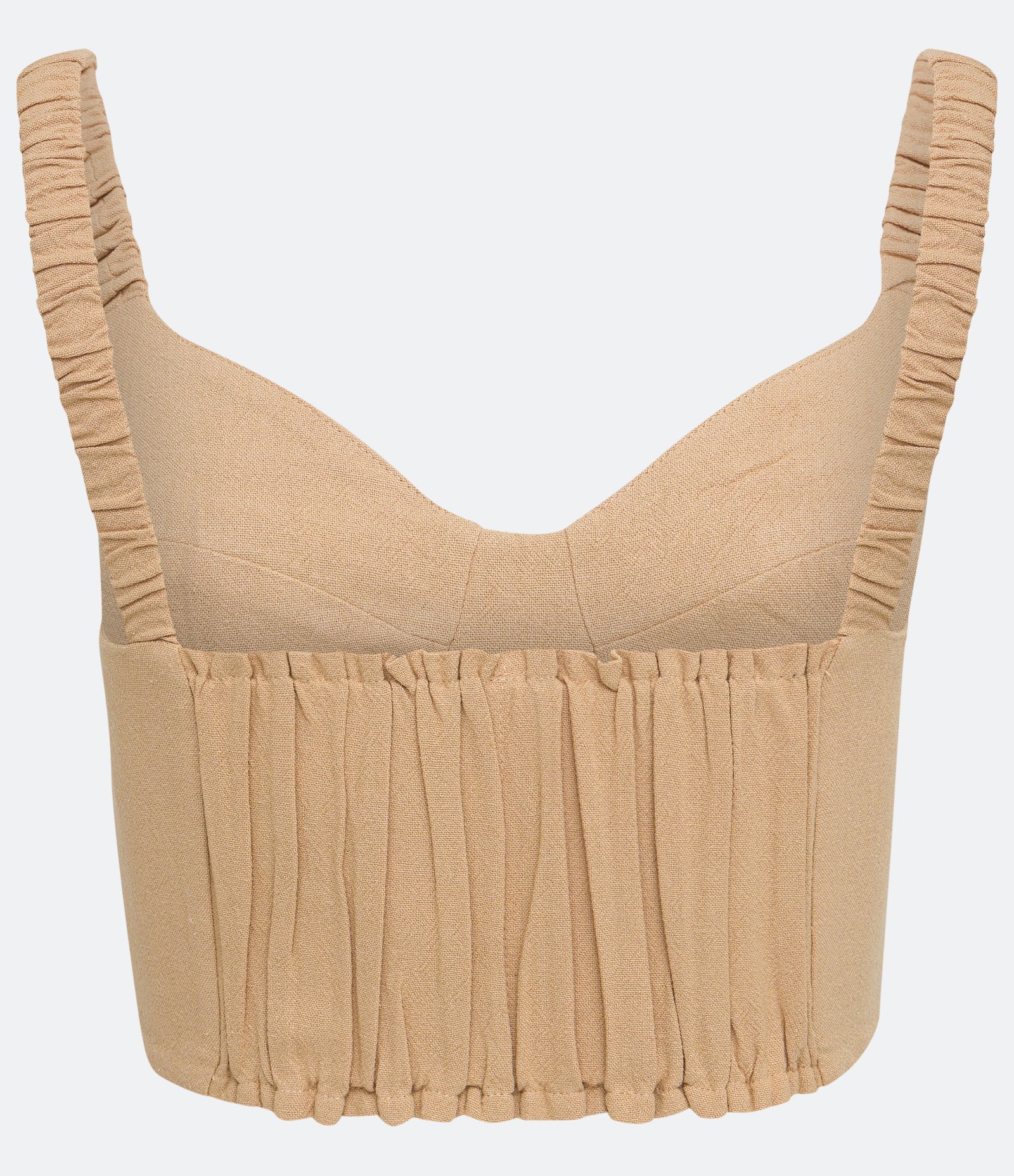 Blusa Cropped em Linho com Decote Coração e Detalhe Franzido Bege 6