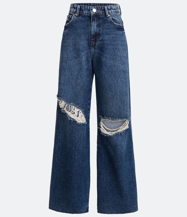 Pantalón Wide Leg Cintura Alta en Jeans con Deshilachados Azul 5