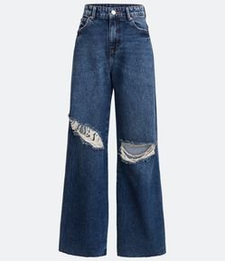 Calça Wide Leg Cintrua Alta em Jeans com Rasgos e Barra a Fio