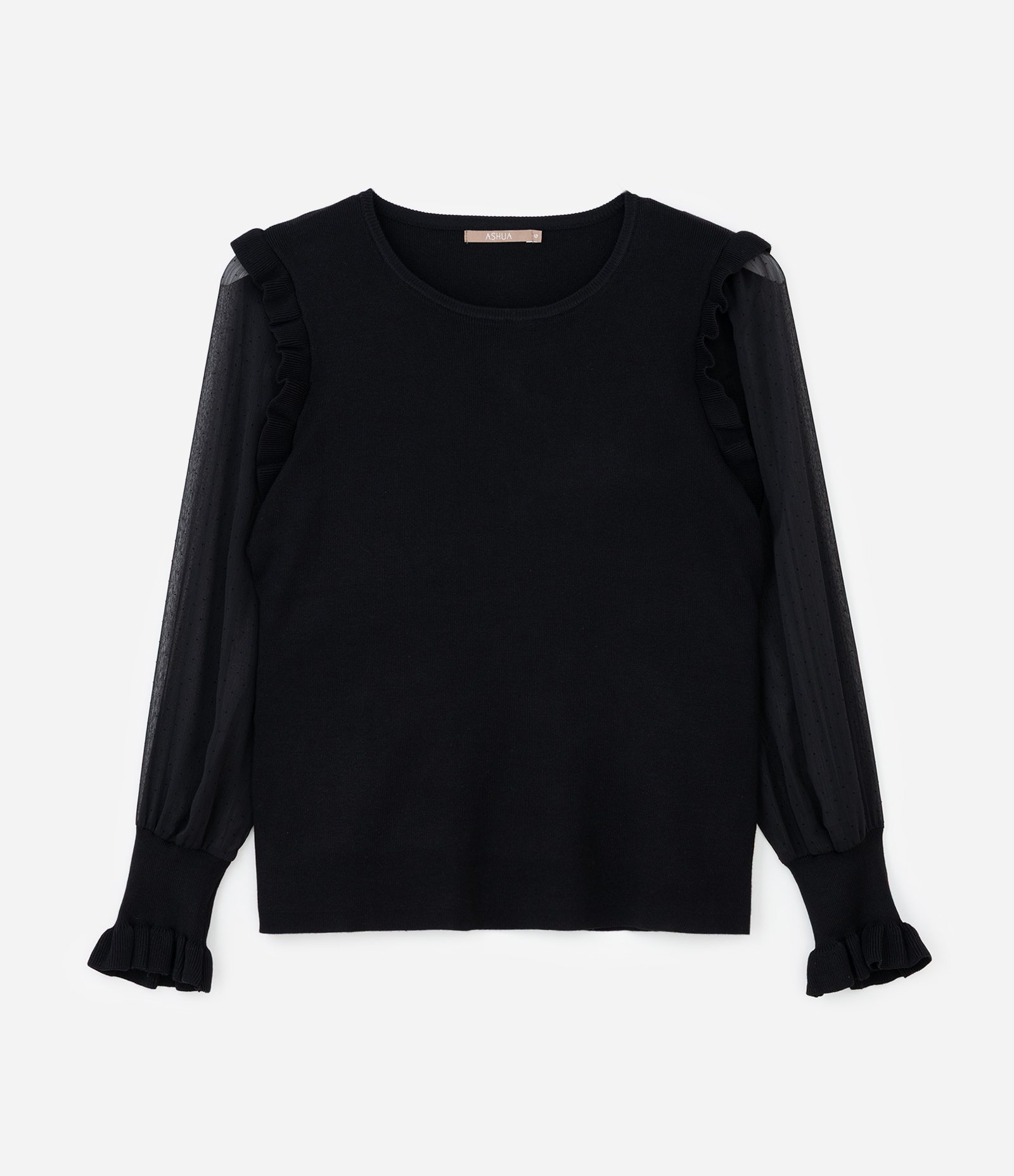 Blusa em Tricô com Manga de Chiffon Curve & Plus Size Preto 5