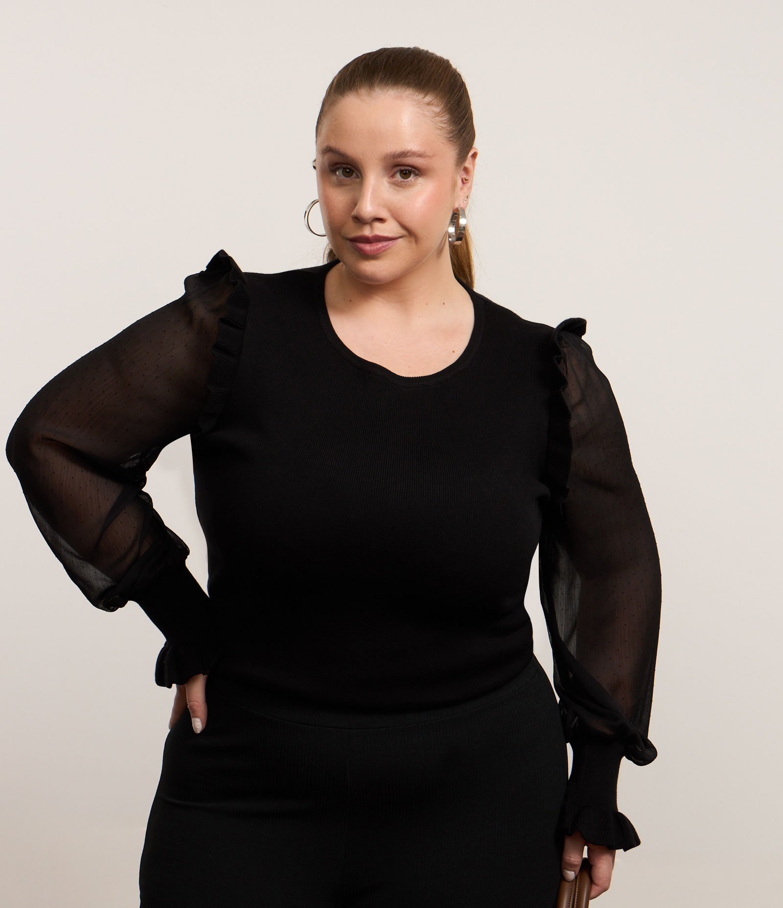 Blusa em Tricô com Manga de Chiffon Curve & Plus Size Preto 1