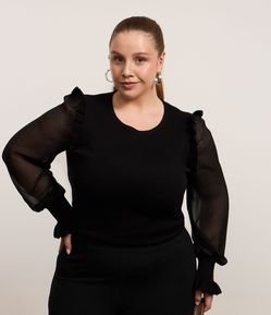 Blusa em Tricô com Manga de Chiffon Curve & Plus Size