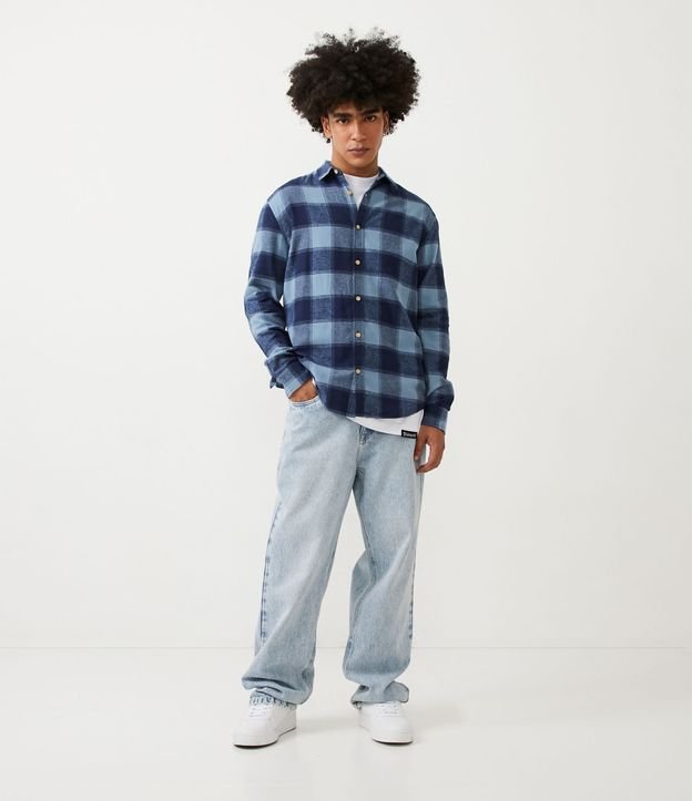 Camisa Regular en Franela de Cuadros con Manga Larga Azul Oscuro 2