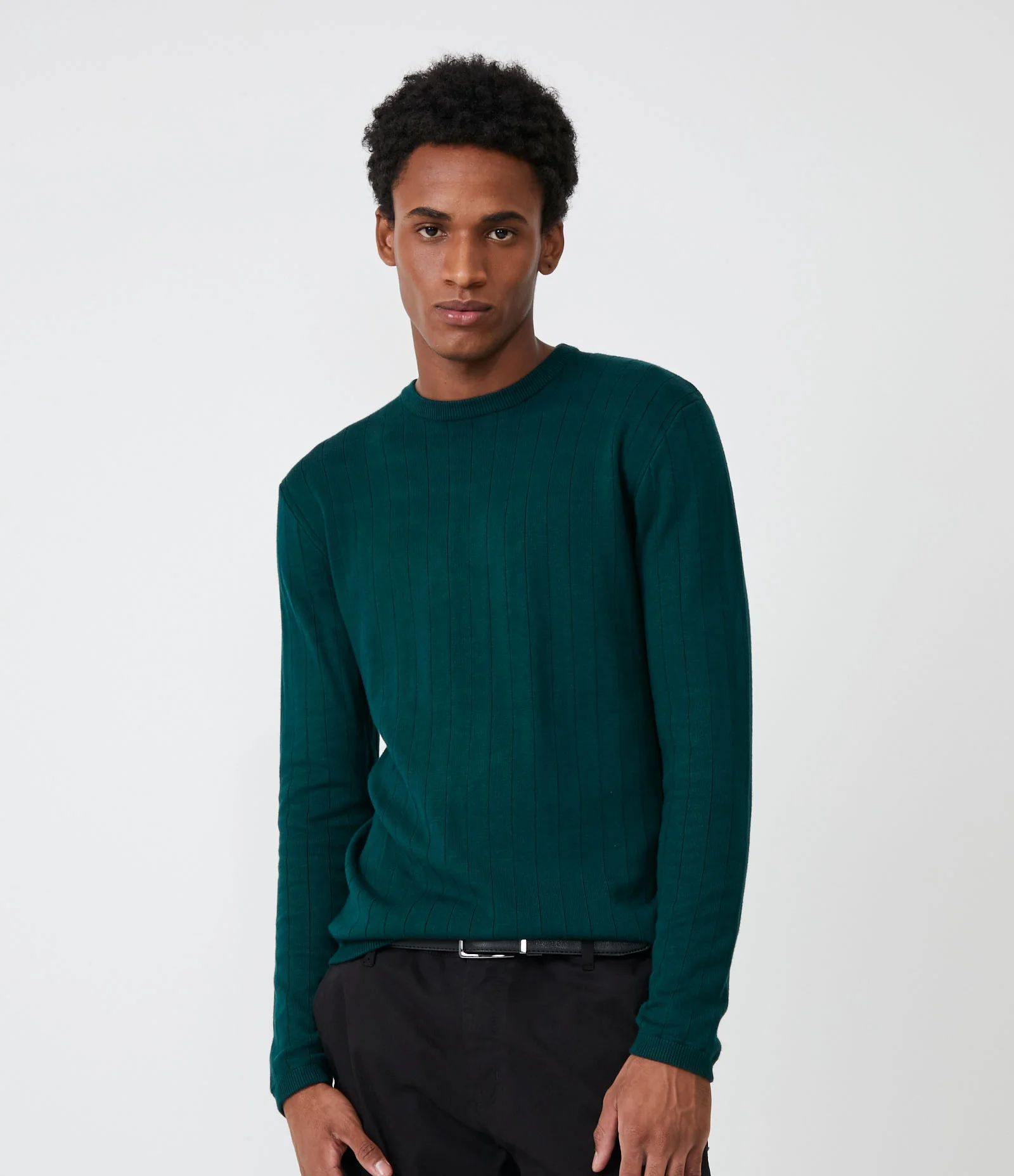 Suéter Slim em Tricô com Textura e Listras Verde 1