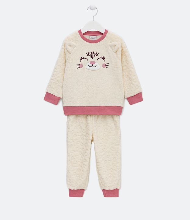 Pijama Longo Infantil em Fleece com Bordado Carinha de Onça - Tam 1 a 4 Anos
