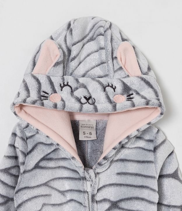 Pijama Jumper en Fleece con Bordado de Gatita en la Capucha - Talle 2 a 10 años Gris 3