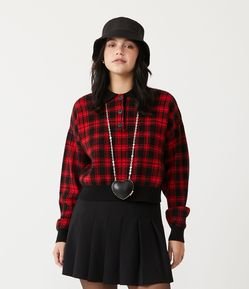 Blusão em Tricô com Gola Polo e Estampa Xadrez