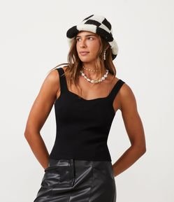 Blusa de Alça em Tricô com Decote Coração e Textura Canelada