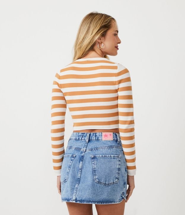 Blusa Cropped en Punto Rayado con Manga Larga Marrón 3