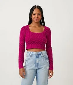 Blusa Cropped em Tricô com Manga Longa e Listras Zigue-Zague