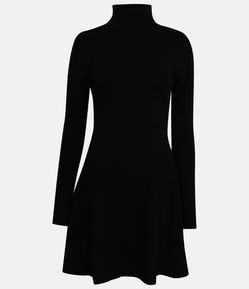 Vestido Curto Evasê em Tricô Canelado com Gola Alta e Manga Longa
