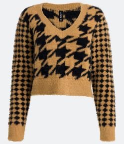 Blusão em Tricô Pied de Poule com Maga Longa