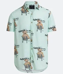 Camisa Regular em Viscose com Estampa Urso no Carrinho e Lettering