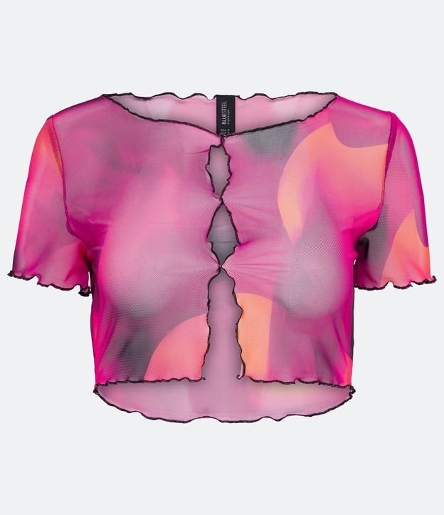 Blusa Cropped en Tul con Volados y Estampado Abstracto Rosado 5