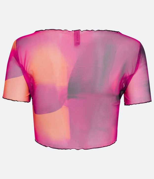 Blusa Cropped en Tul con Volados y Estampado Abstracto Rosado 6