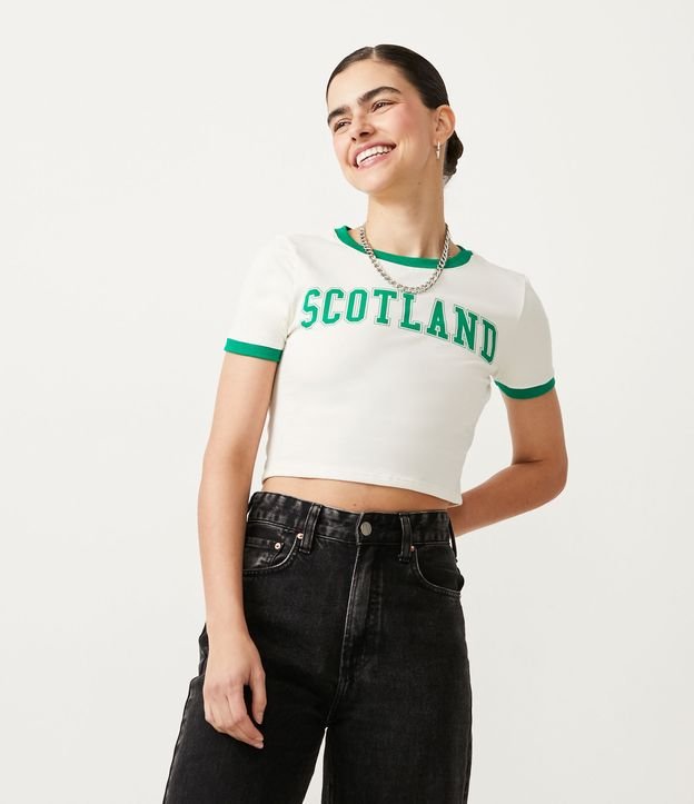 Blusa Cropped em Algodão com Manga Curta e Lettering Scotland