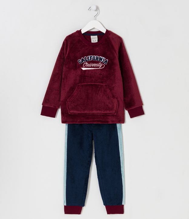 Pijama Largo Infantil en Fleece con Bordado Califórnia - Talle 5 a 14 años Rojo Oscuro/Azul 1