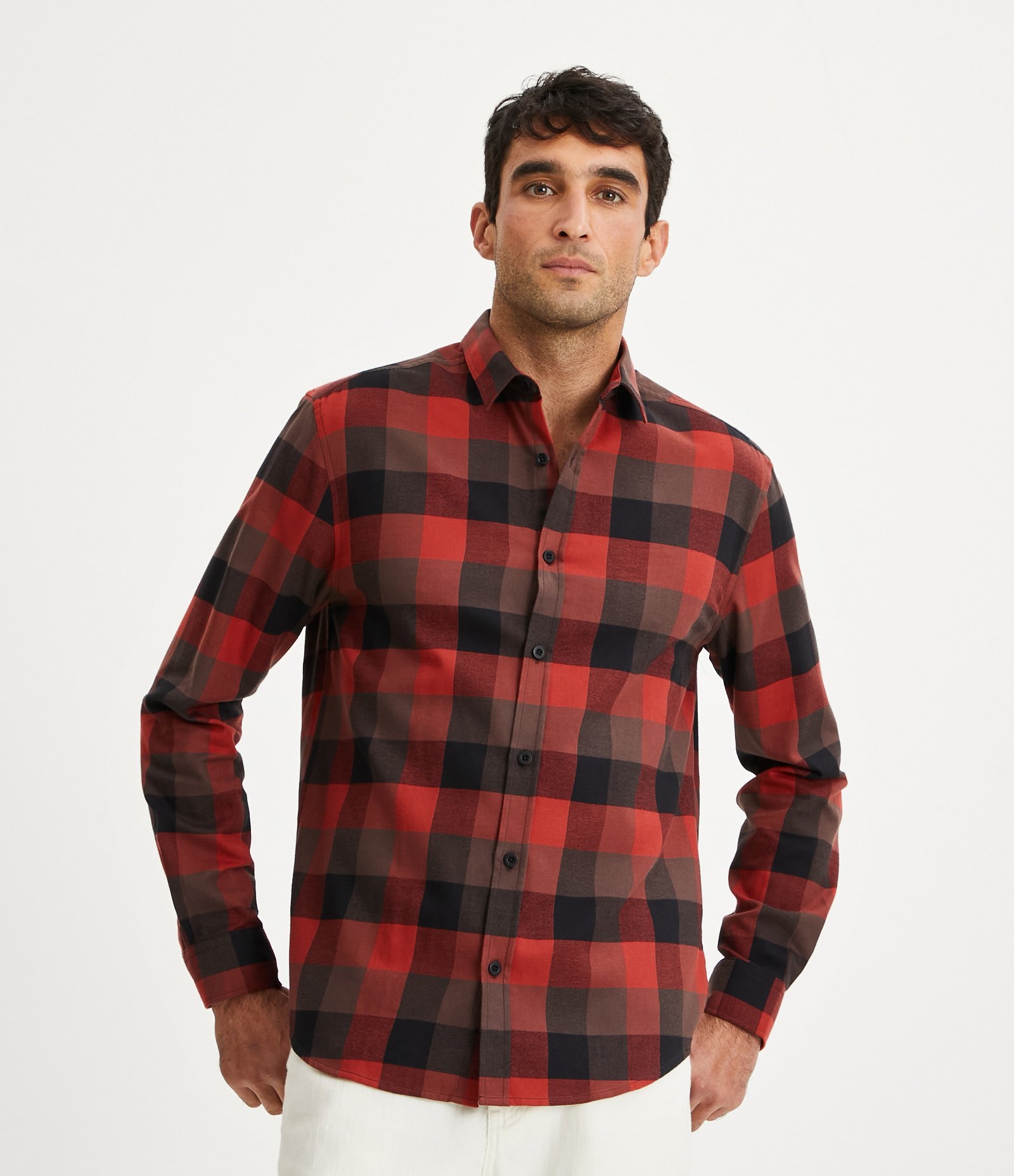 Camisa Comfort em Algodão com Estampa Xadrez e Manga Longa Vermelho 1