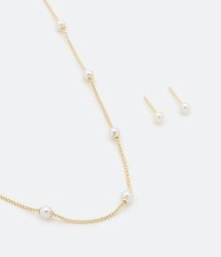 Conjunto Brinco e Colar em Metal com Pérolas