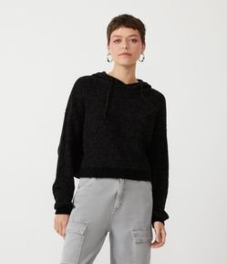 Blusão em Chenille Texturizado com Capuz e Ribana no Punho