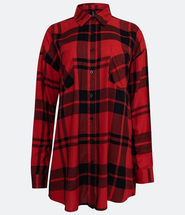 Camisa Alongada com Manga Longa Bolsos e Estampa Xadrez Vermelho