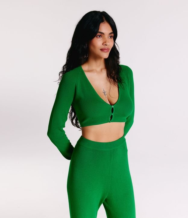 Blusa Cropped em Tricô com Mini Botões Verde